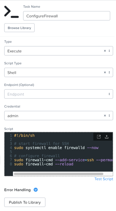 Package install step to configure the example VM's firewall Package Install step to configure the example VM's firewall
