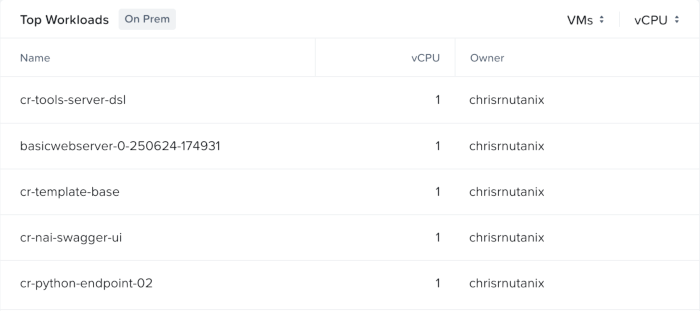 NCM Self-Service Top Workloads view NCM Self-Service Top Workloads view